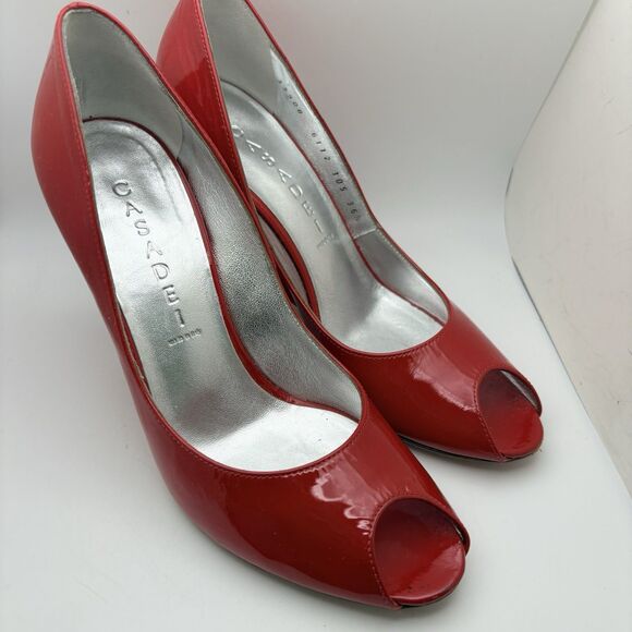 Casadei Red Blade Patent Leather Peep Toe Wedges 6.5 Made In Italy 4 INCH Heel - Picture 3 of 8